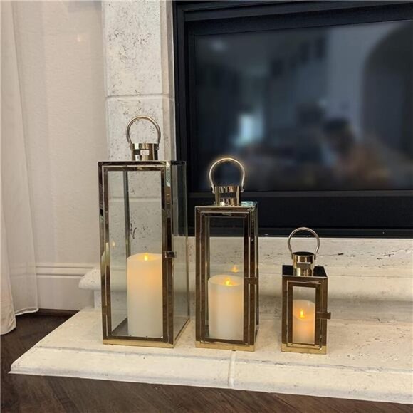 3-PC Lantern Set 23 Inch Jumbo Deluxe Modern Candle Lantern Set Stainless Steel - Picture 4 of 7